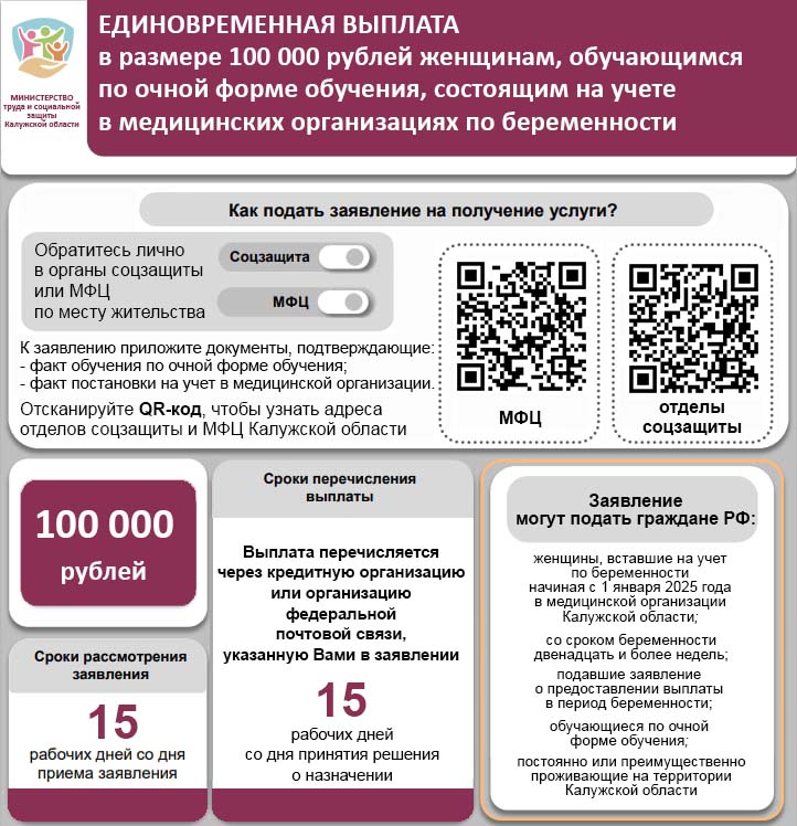 Памятка - Единовременная выплата в размере 100 000 рублей женщинам, обучающимся по очной форме обучения, состоящим на учете в медицинских организациях по беременности